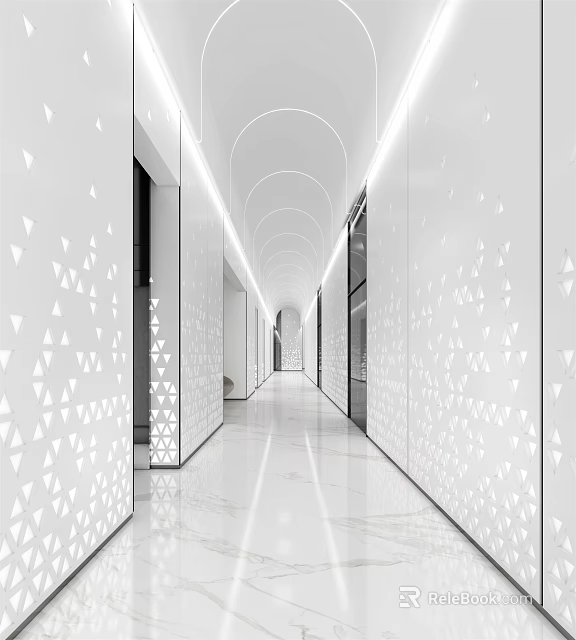 Modern Elevator Hallway With White Walls Geometric Patterns Arched Ceiling And Bright Strip Lighting 3d model 