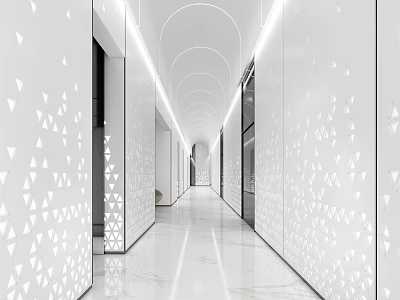 Modern Elevator Hallway With White Walls Geometric Patterns Arched Ceiling And Bright Strip Lighting 3d model