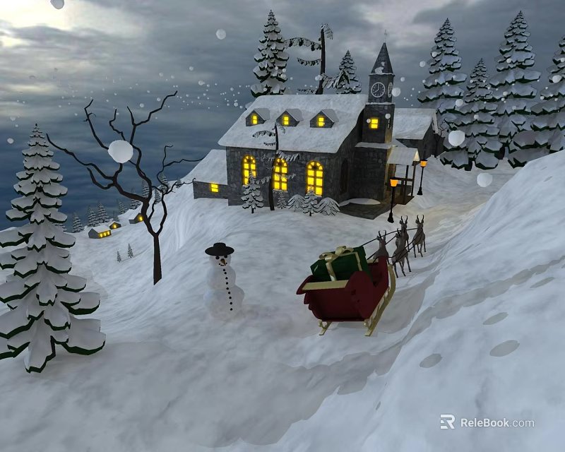 Snowy Winter Landscape With Towered House Lit Windows Pine Trees Snowman And Gift Filled Sleigh 3d model 