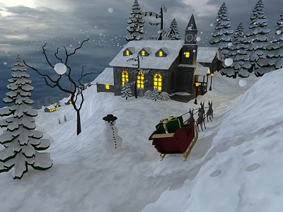 Snowy Winter Landscape With Towered House Lit Windows Pine Trees Snowman And Gift Filled Sleigh 3d model