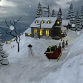 Snowy Winter Landscape With Towered House Lit Windows Pine Trees Snowman And Gift Filled Sleigh