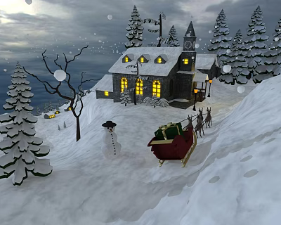 Snowy Winter Landscape With Towered House Lit Windows Pine Trees Snowman And Gift Filled Sleigh 3d model