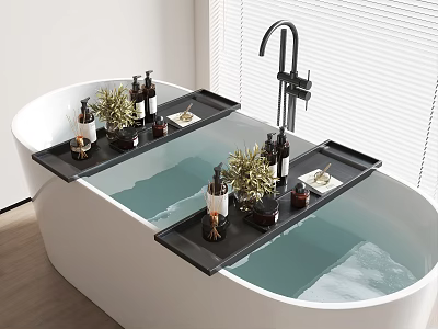 Modern Bathroom Bathtub Shelf With Black Design Holding Toiletries Small Plants And Trays 3d model