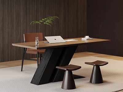 Modern Wooden Desk With Laptop Plant Cup And Chair Two Stools And Wooden Wall Background 3d model