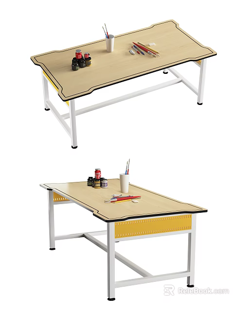 Multifunctional Wooden Top Desk With Metal Frame Yellow Drawer And Stationery For Home Office 3d model 