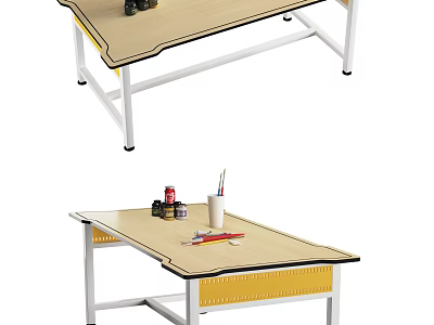 Multifunctional Wooden Top Desk With Metal Frame Yellow Drawer And Stationery For Home Office 3d model