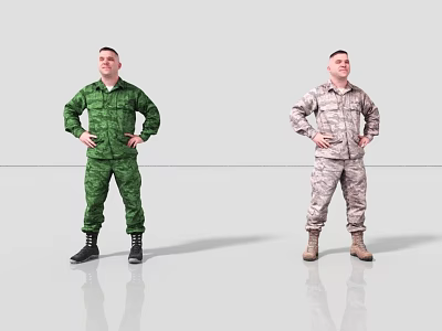 Two Men Standing with Hands on Hips in Green and Camouflage Military Uniforms 3d model