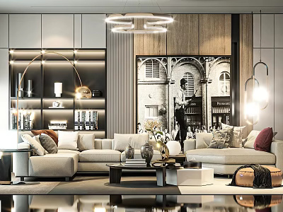 Modern Living Room Sofa And Coffee Table Set With Cushions Bookshelf And Chandelier Decor 3d model