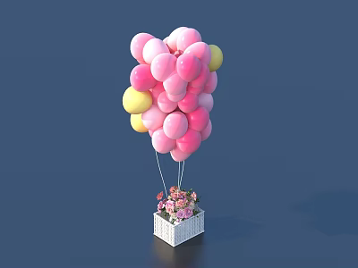 Pink and Yellow Balloons With White Flower Box Filled With Pink Flowers 3d model