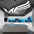 Modern Exhibition Hall Design With White Display Shelves Large Digital Screens And Contemporary Lighting