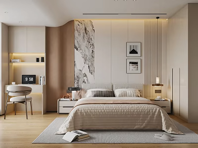 Modern Bedroom Interior With Comfortable Bed Framed Art Bedside Tables And Area Rug 3d model