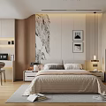 Modern Bedroom Interior With Comfortable Bed Framed Art Bedside Tables And Area Rug