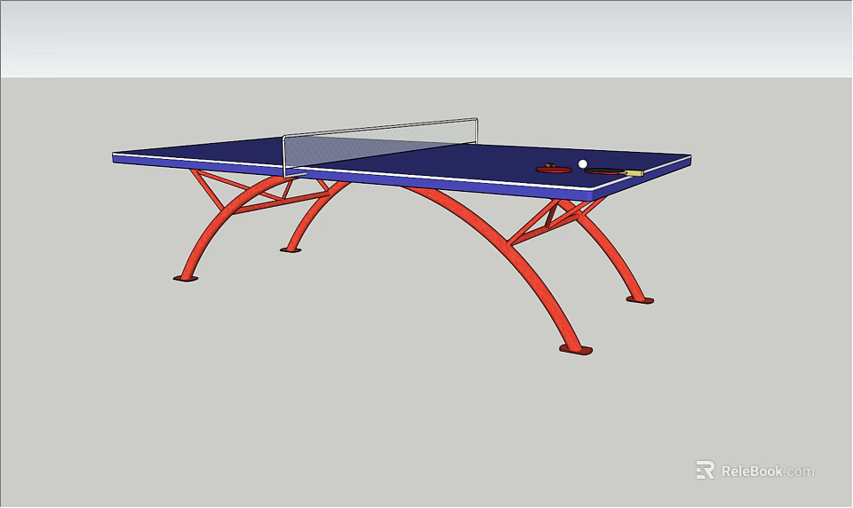 Sports Equipment Table Tennis Table with Blue Tabletop Red Curved Legs Net Paddle and Ball 3d model 