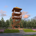 Scenic View with Observation Tower Trees Grass Flowers Blue Sky and Pink Clouds