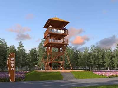 Scenic View with Observation Tower Trees Grass Flowers Blue Sky and Pink Clouds 3d model