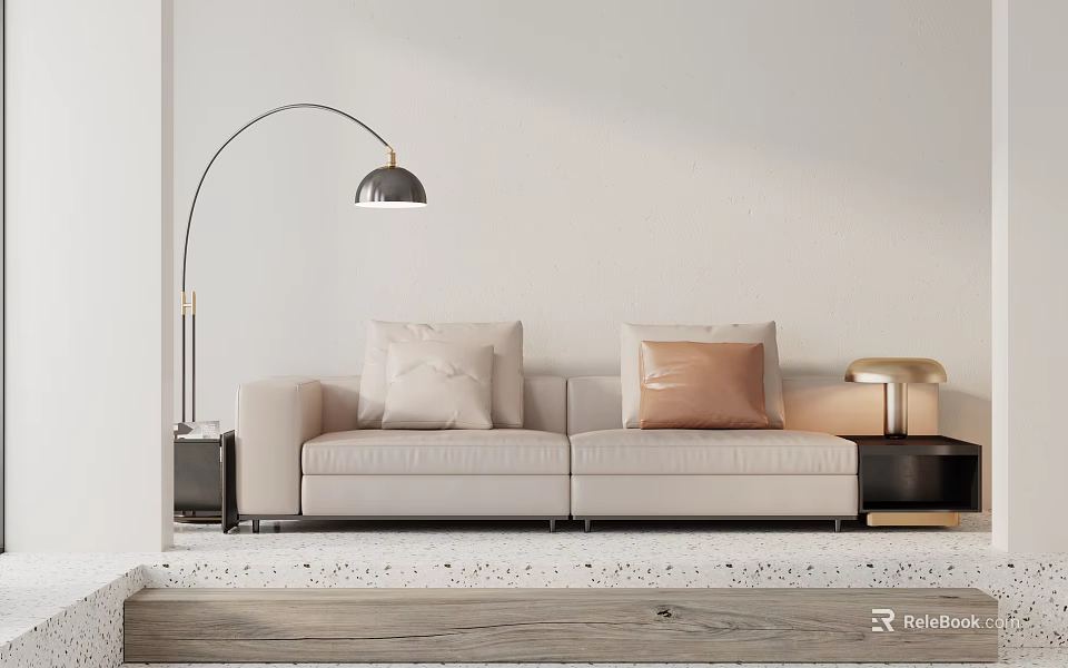 Beige Linen Double Sofa With Accent Pillows Floor Lamp And Side Table 3d model 