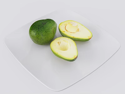 Fresh Green Avocado Whole and Halved with Pit on White Plate 3d model