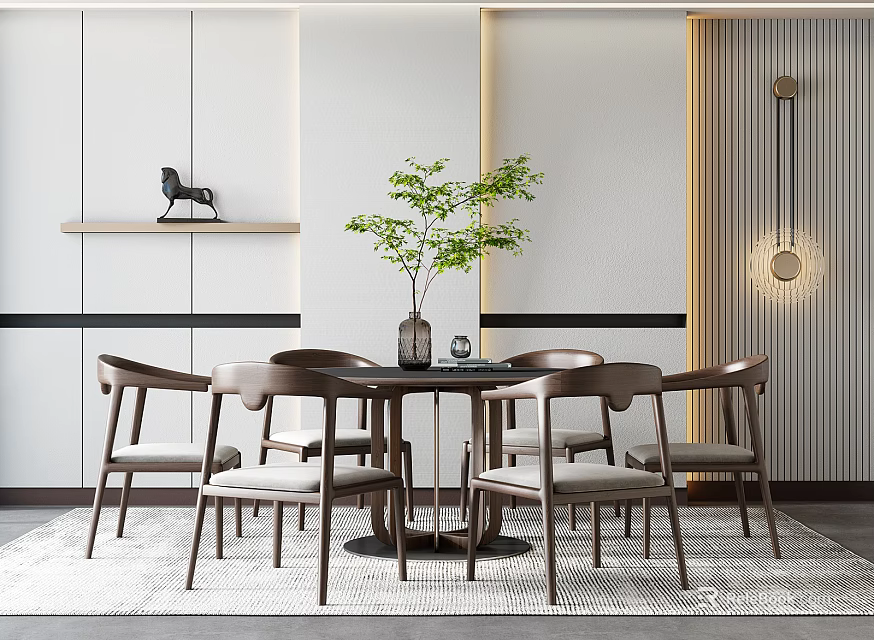Minimalist Dining Table Set with Six Chairs White Walls Wooden Decor and Green Plant 3d model 
