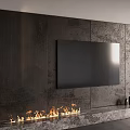 Dark Textured TV Background Wall with Black TV Screen Stone Platform Flames and Decorative Vases
