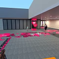 Modern Tobacco and Liquor Store Space with Staircase Pink Decorations and People Walking