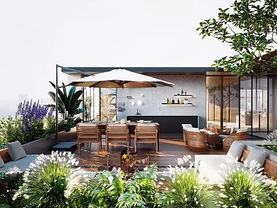 Rooftop Courtyard Garden Design With Wooden Dining Set Fire Pit And Lush Plants 3d model