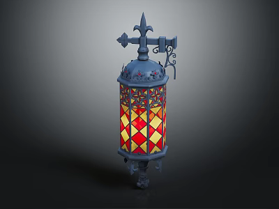 Vintage Iron Wall Mounted Lantern With Decorative Top And Stained Glass Red Yellow Diamond Pattern 3d model