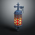 Vintage Iron Wall Mounted Lantern With Decorative Top And Stained Glass Red Yellow Diamond Pattern