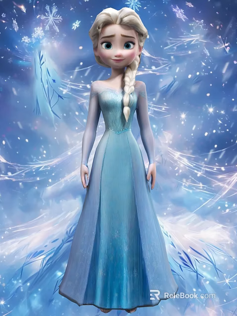 Princess Doll In Blue Sparkling Gown With Long Blonde Braid And Snowflake Details 3d model 