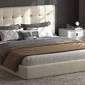 Modern Bedroom With White Tufted Headboard Gray White Pillows Brown Blanket Nightstand Lamp And Books