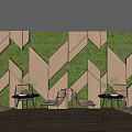 Geometric Wooden Moss Wall Floral Art Installation with Metal Tables and Small Potted Plants