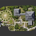 Traditional Ancient Architecture With Multi story Towers Traditional Roofs Green Trees And Stone Path Courtyard