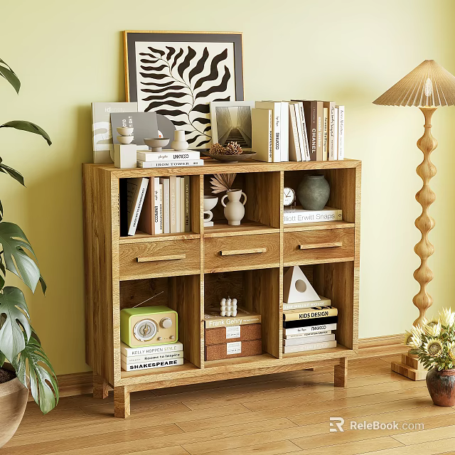 Natural Wood Bookcase With Books Decorative Items Green Plants And Floor Lamp 3d model 