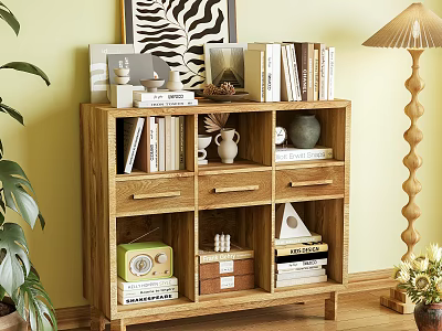 Natural Wood Bookcase With Books Decorative Items Green Plants And Floor Lamp 3d model