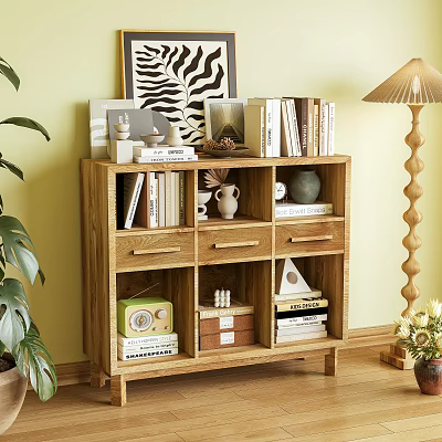 Natural Wood Bookcase With Books Decorative Items Green Plants And Floor Lamp 3d model