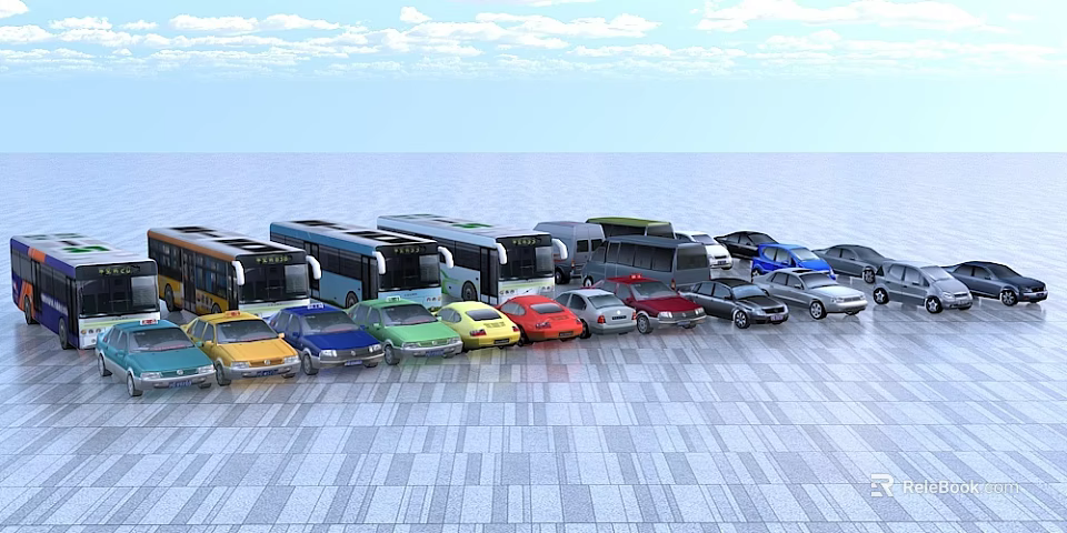 Various Colored Cars And Buses Parked On Tiled Ground By Sea And Sky 3d model 