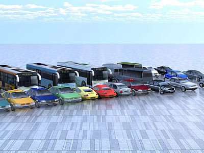 Various Colored Cars And Buses Parked On Tiled Ground By Sea And Sky 3d model