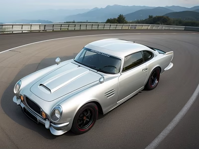 Silver Vintage Style Sports Car Parked On Race Track With Mountain Backdrop And Guardrail 3d model