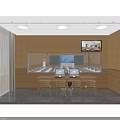 School Classroom Interior With Neatly Arranged White Desks Chairs Large Screen And Ceiling Lights