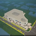Aerial View Urban Planning Showcasing Large Modern Commercial Building With Green Spaces Trees And Roads