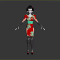 Woman in Red and Green Traditional Kimono with Black Arm Sleeves and Hair Accessory