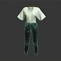 White V Neck Short Sleeve Top with Black Tight Fitting Leather Pants