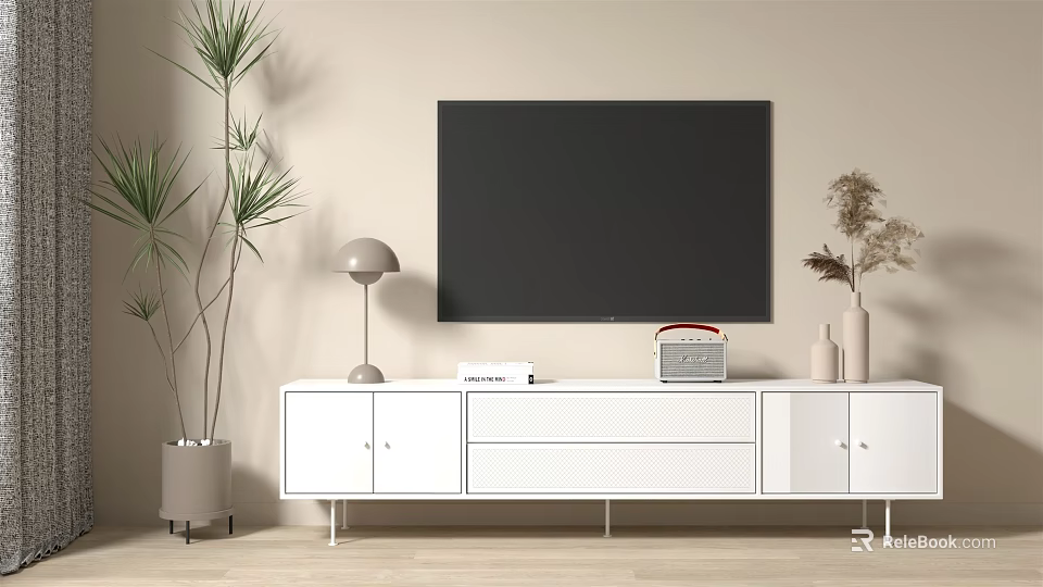 Modern White TV Stand With Flat Screen TV Table Lamp And Decorative Plants 3d model 