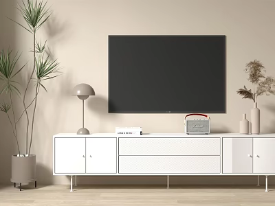Modern White TV Stand With Flat Screen TV Table Lamp And Decorative Plants 3d model