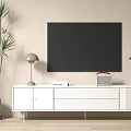 Modern White TV Stand With Flat Screen TV Table Lamp And Decorative Plants