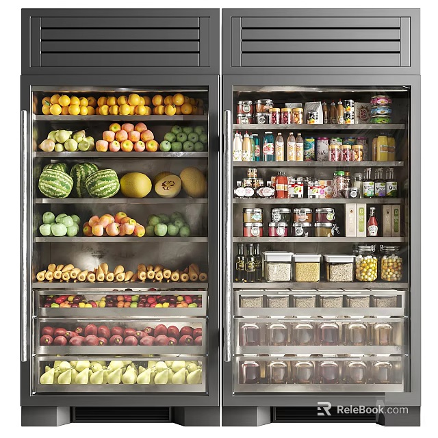 Organized Display Shelves With Fresh Fruits Vegetables Canned Goods And Grains 3d model 