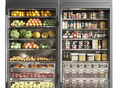 Organized Display Shelves With Fresh Fruits Vegetables Canned Goods And Grains 3d model