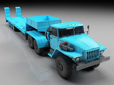 Blue Heavy Duty Truck With Flatbed Trailer And Large Wheels For Transportation 3d model