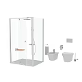 Shower Sauna Bathroom With Transparent Glass Enclosure Black Tiled Walls And Wall Mounted Toilets