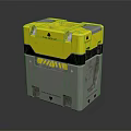 Industrial Yellow And Gray Container With Warning Label Stackable Design And Worn Surface