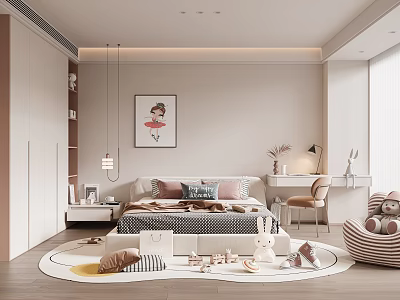 Modern Kids Room Interior Design With Cozy Bed Play Rug Toys And Wall Art 3d model